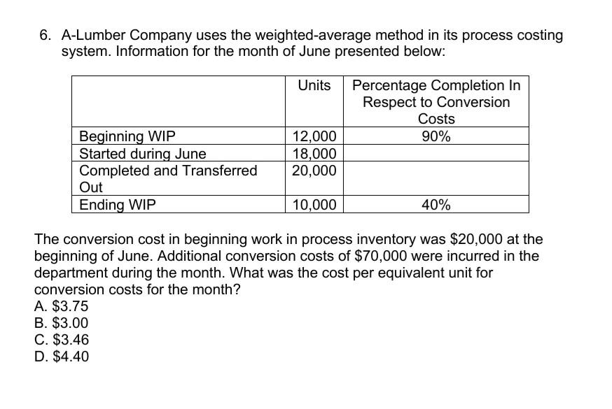  6. A-Lumber Company uses the weighted average method in its process