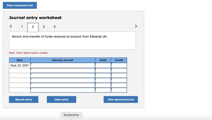 Credit Date Sept. 22, 20x1 Record entry Clear entry View general journal