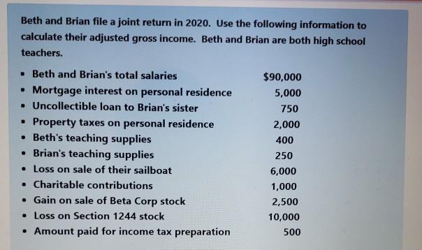  Beth and Brian file a joint return in 2020. Use the