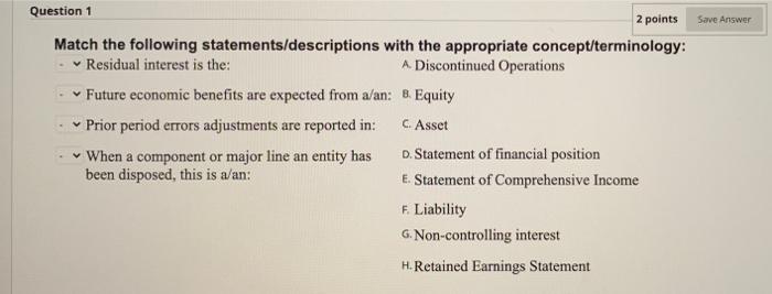  Save Answer Question 1 2 points Match the following statements/descriptions with