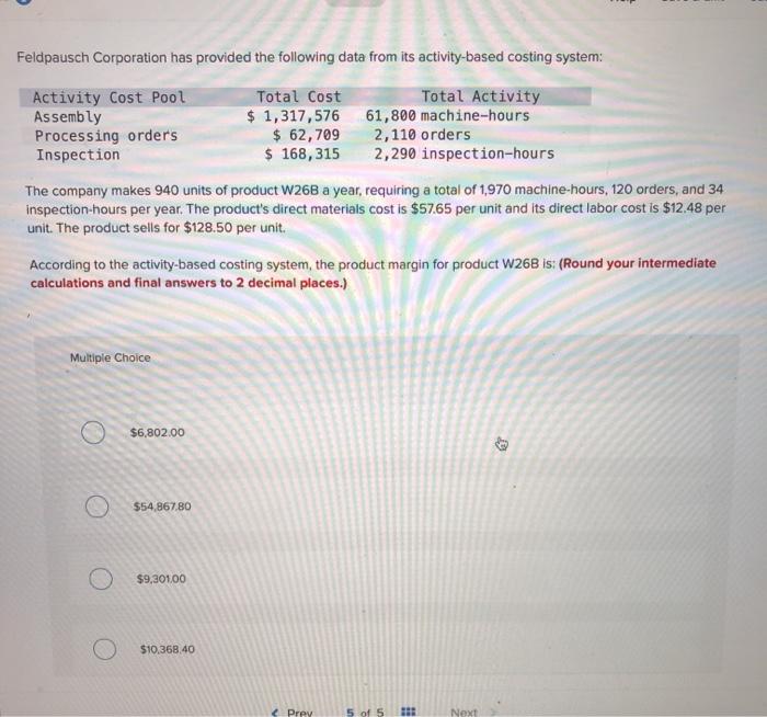  Feldpausch Corporation has provided the following data from its activity-based costing