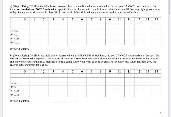  a) (20 pts) Using DP fill in the table below. Assume