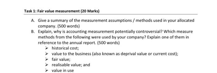  Task 1: Fair value measurement (20 Marks) A. Give a summary