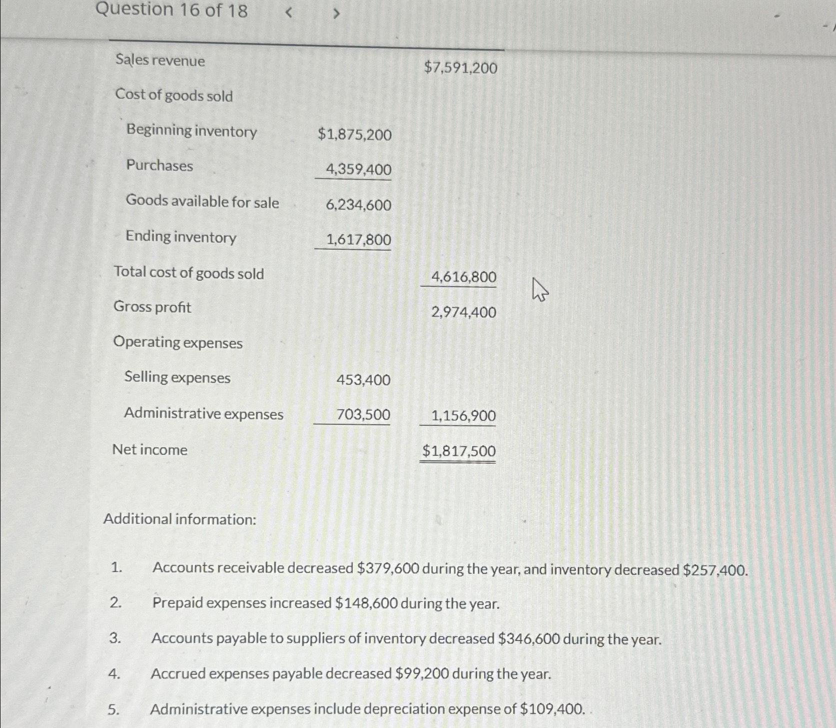  Question 16 of 18 \table[[\table[[Sales revenue],[Cost of goods sold]],,$7,591,200 