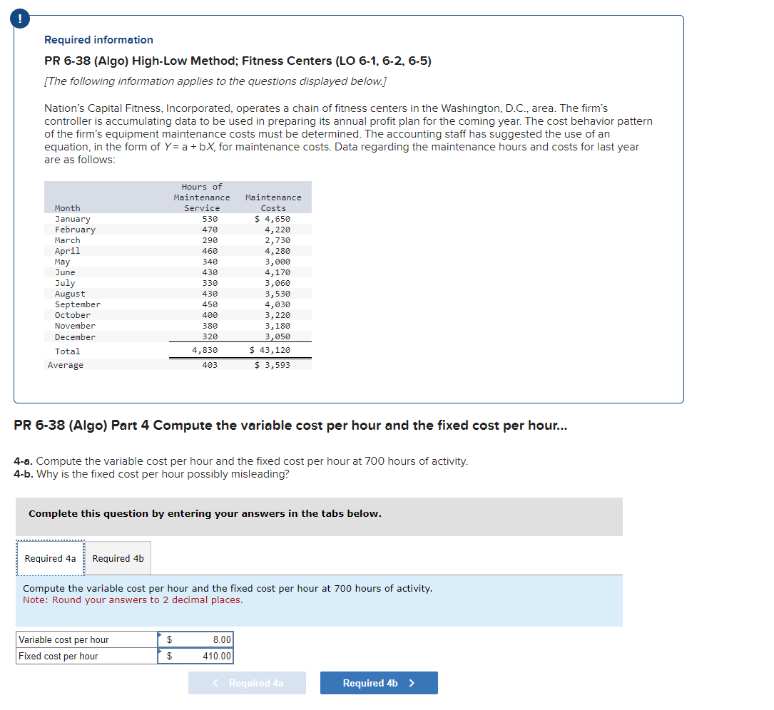  Required information PR 6-38(Algo) High-Low Method; Fitness Centers (LO 6-1,6-2,6-5) [The