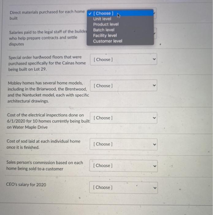 to identify costs for its ABC Costing system. Match the appropriate activity