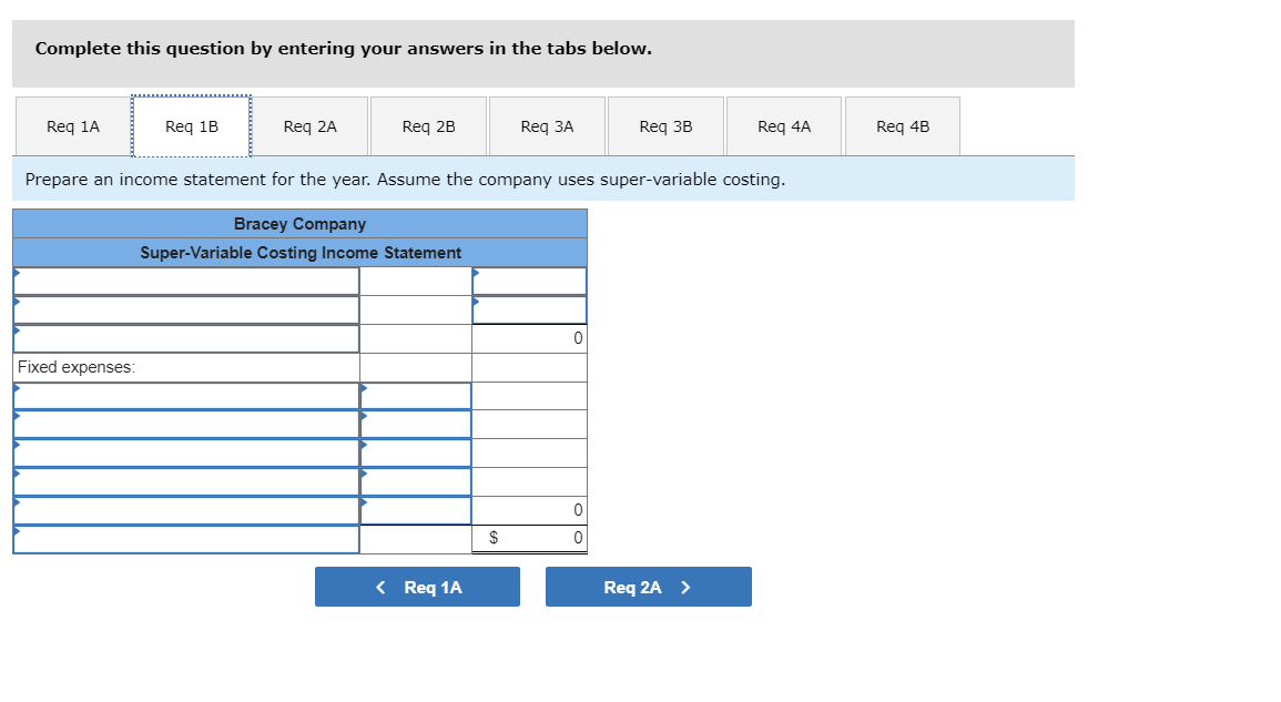Statements (L06-2, LO6-6) Bracey Company manufactures and sells one product. The following