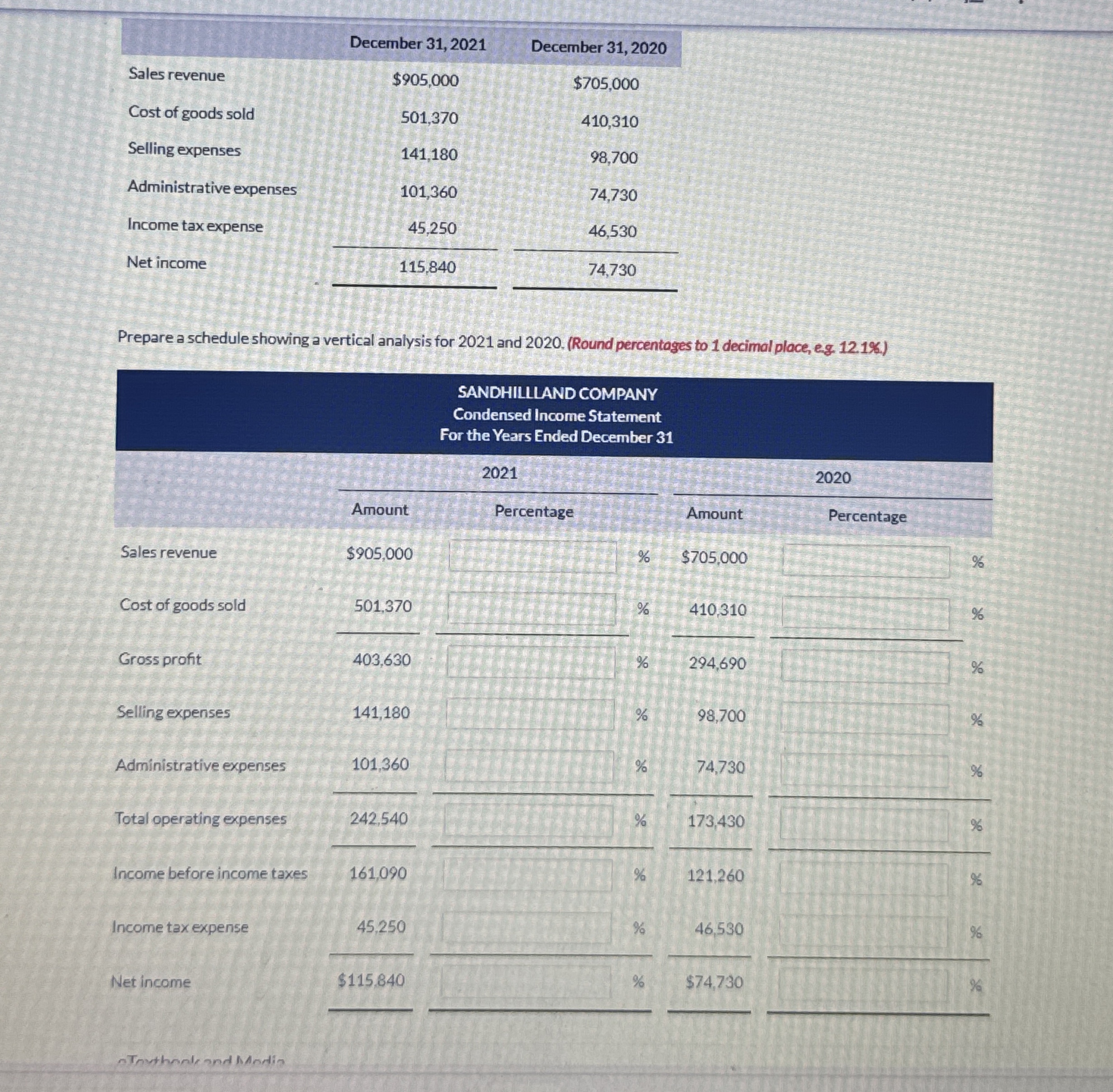  Prepare a schedule showing a vertical analysis for 2021 and 2020.(Round