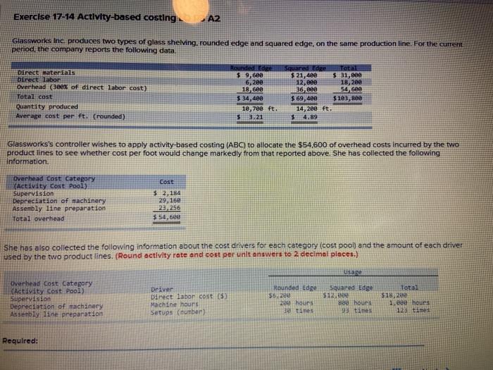  please answer in the same order. Exercise 17-14 Activity-based costing A2