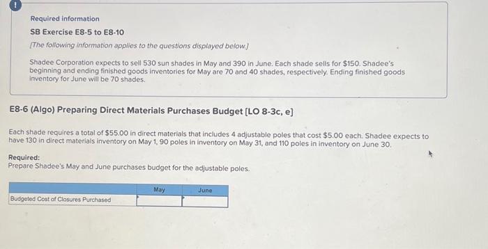  Required information SB Exercise E8-5 to E8-10 [The following information applies