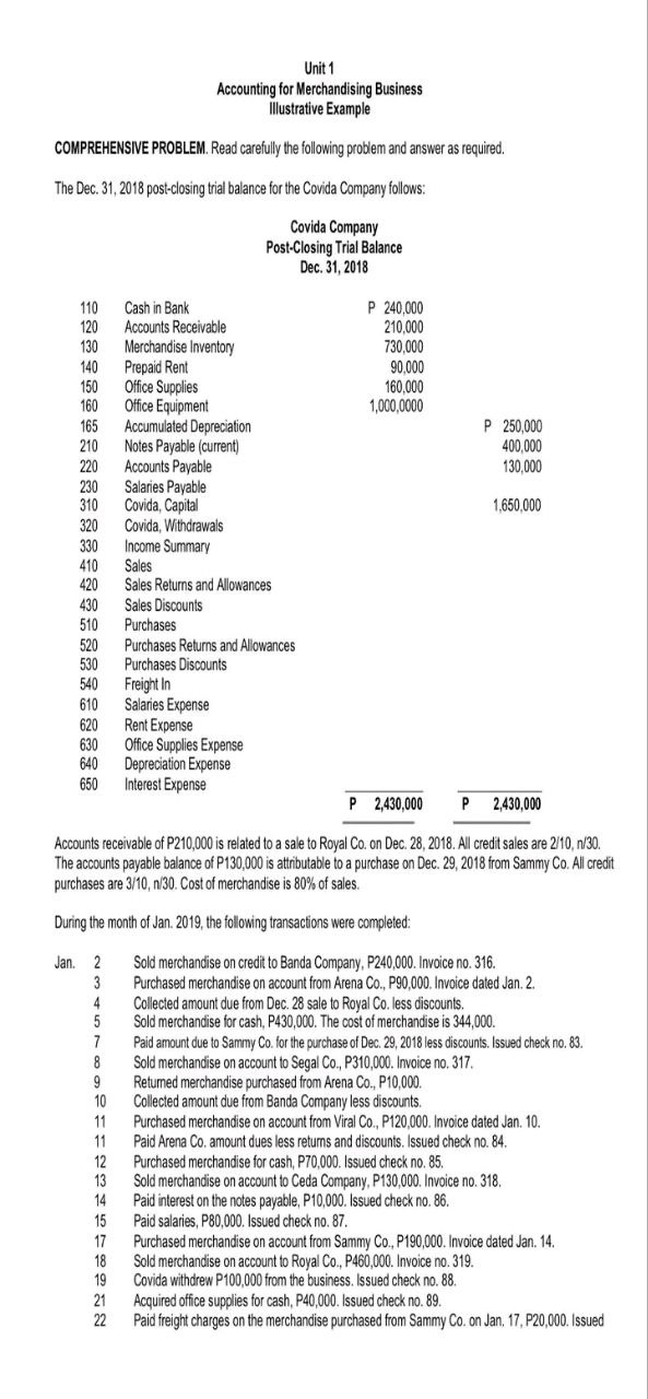 Unit 1 Accounting for Merchandising Business Illustrative Example COMPREHENSIVE PROBLEM. Read