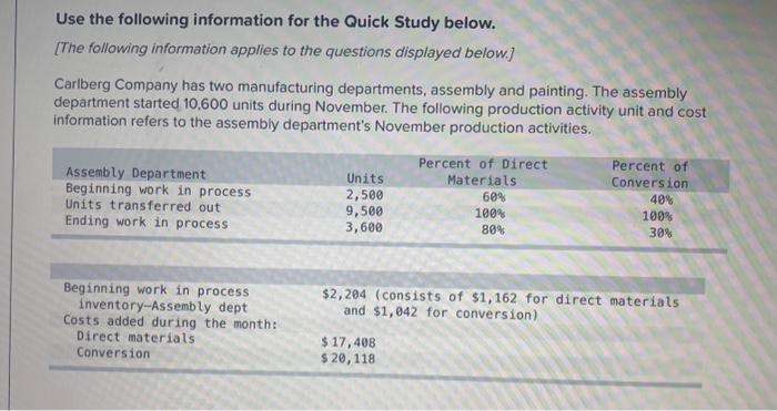  Use the following information for the Quick Study below. [The following