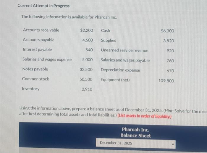 Make a balance sheet using this information. Current Attempt in Progress The