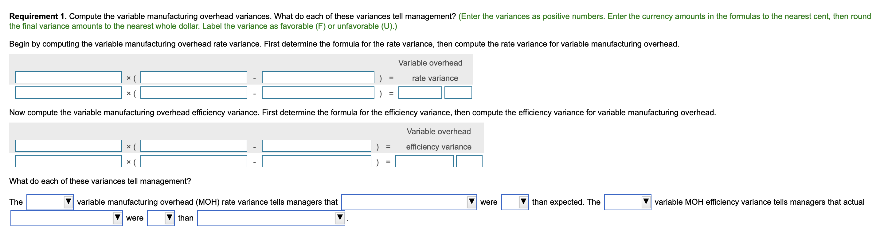 Requirement 1. Compute the variable manufacturing overhead variances. What do each