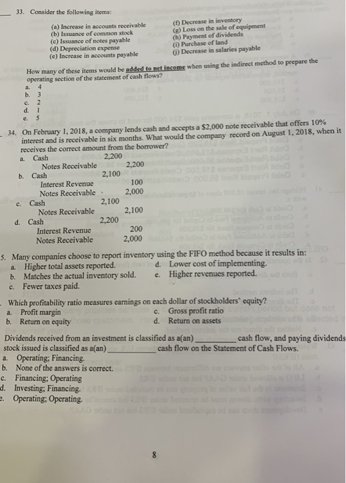  33. Consider the following items: () Decrease in inventory (g) Loss