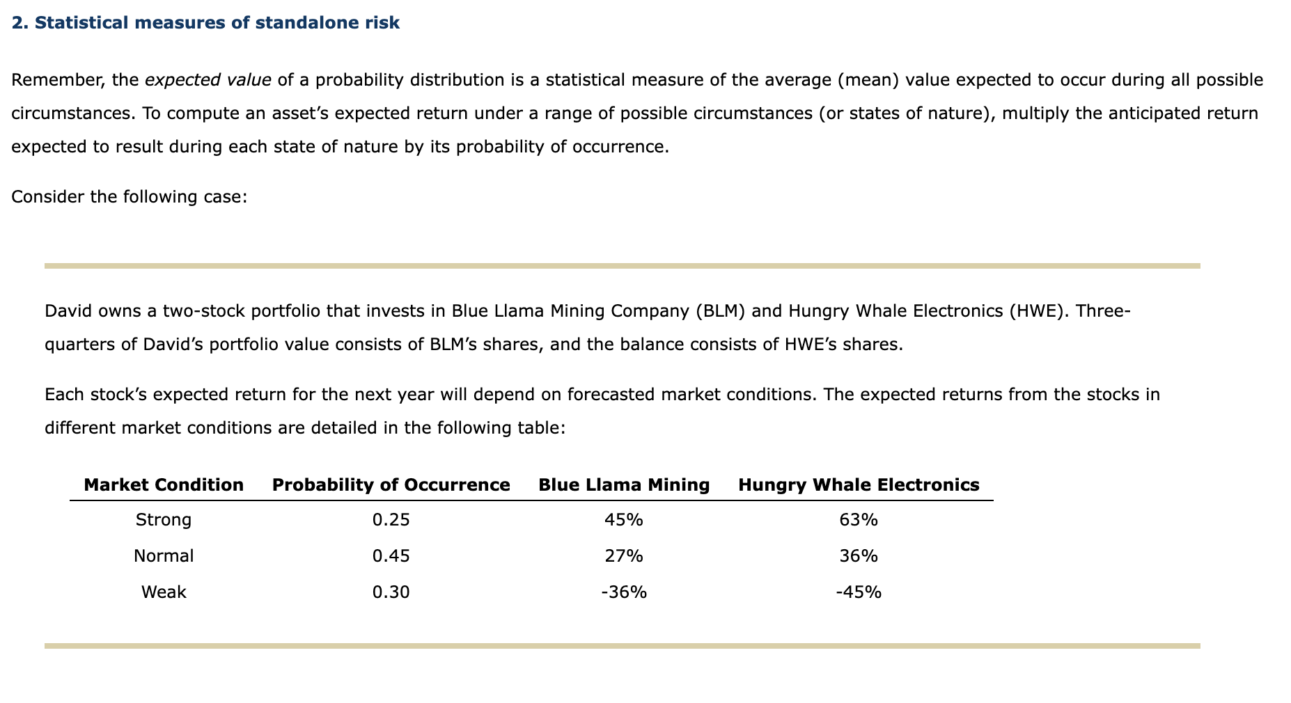  2. Statistical measures of standalone risk Remember, the expected value of