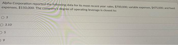  Alpha Corporation reported the following data for its most recent year: