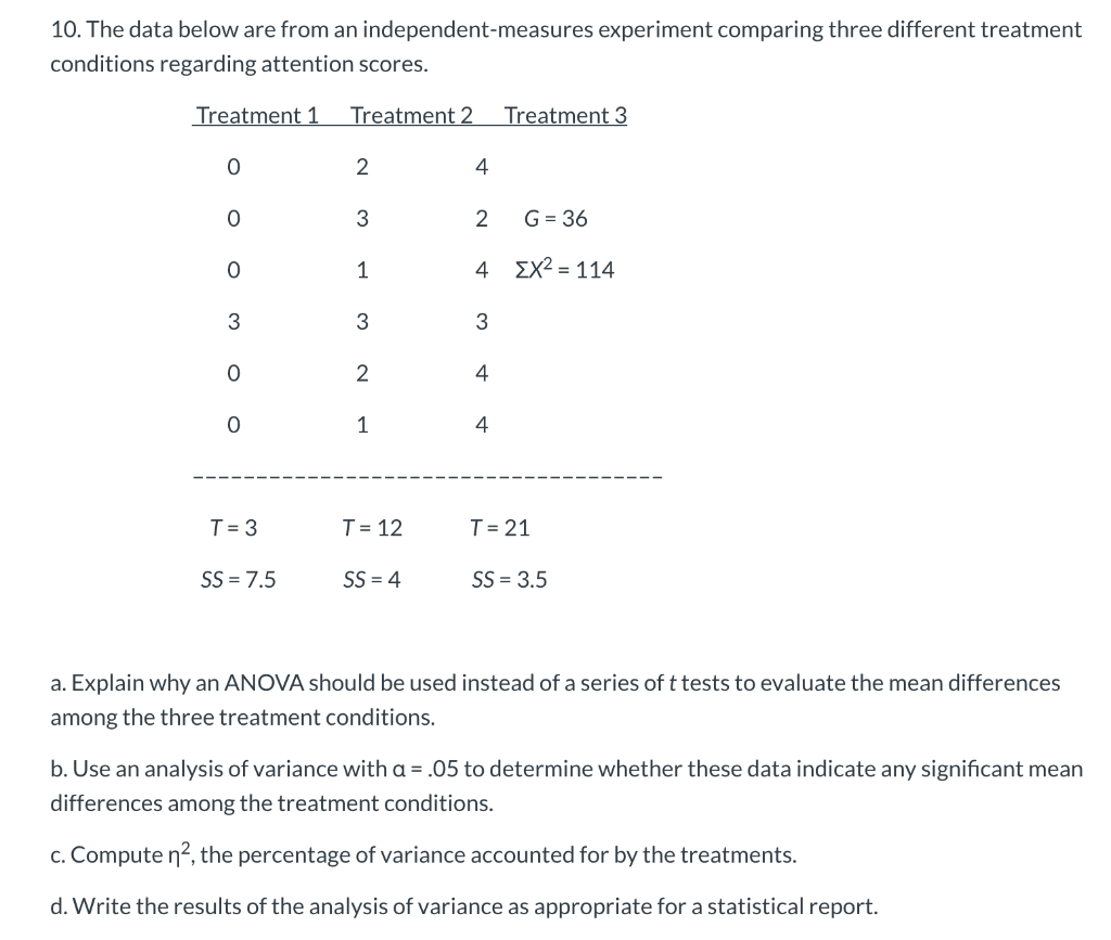  10. The data below are from an independent-measures experiment comparing three