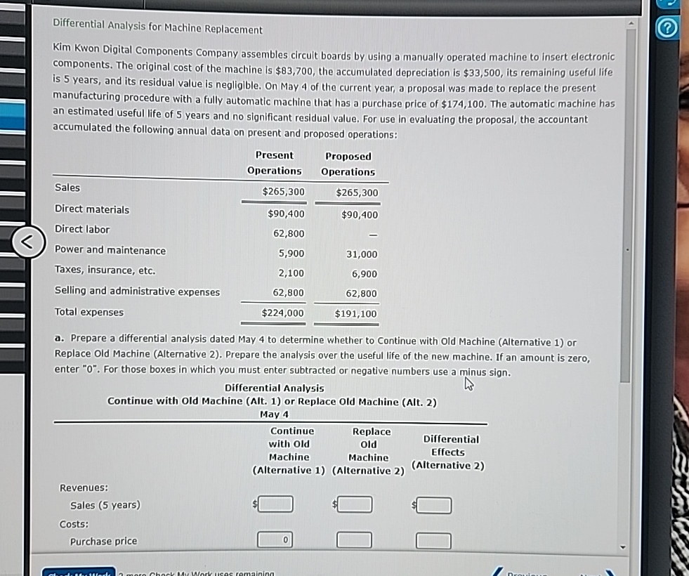  Differential Analysis for Machine Replacement Kim Kwon Digital Components Company assembles