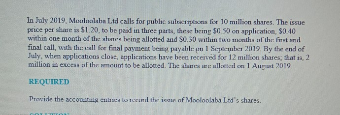  In July 2019, Mooloolaba Ltd calls for public subscriptions for 10