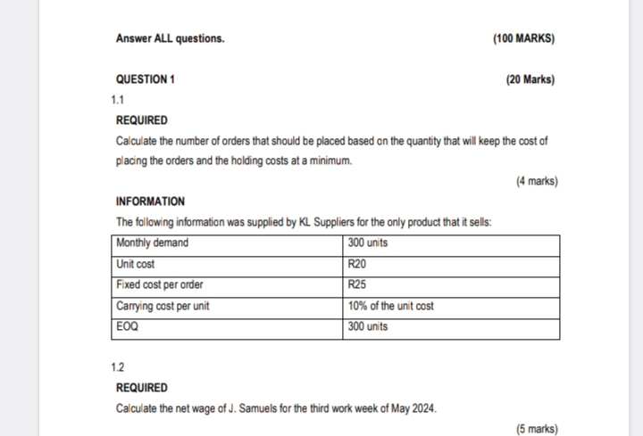  Answer ALL questions. (100 MARKS) QUESTION 1 (20 Marks) 1.1 REQUIRED