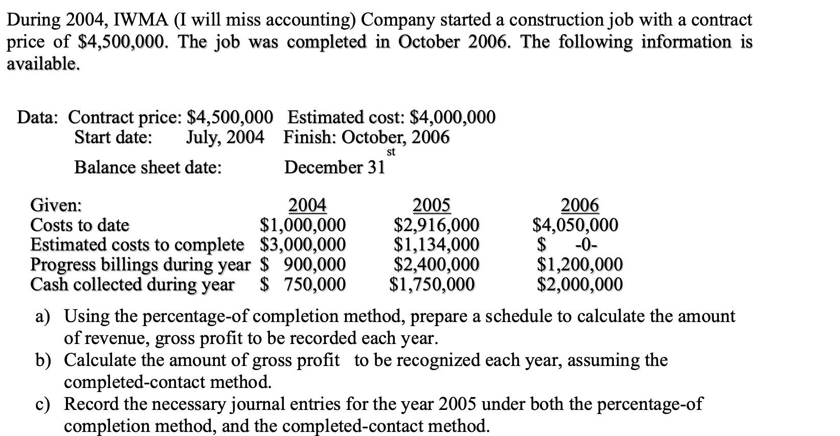 PLZ ANSWER WITH FULL STEPS During 2004, IWMA (I will miss accounting)