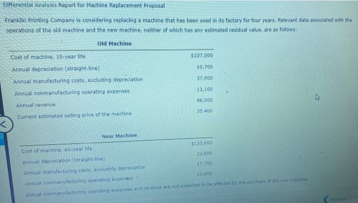  Differential Analysis Report for Machine Replacement Proposal Franklin Printing Company is