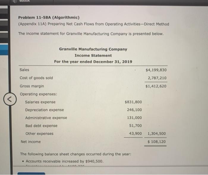  eBOR Problem 11-58A (Algorithmic) (Appendix 11A) Preparing Net Cash Flows from