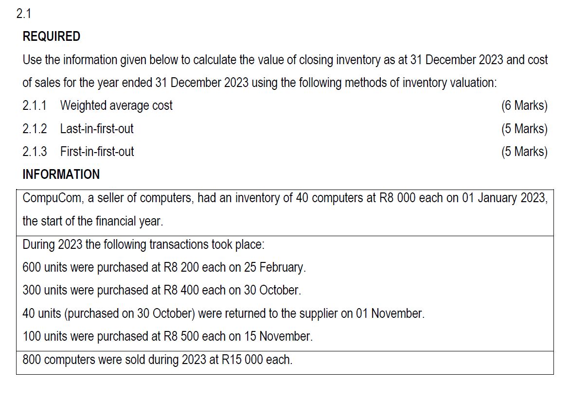  REQUIRED Use the information given below to calculate the value of
