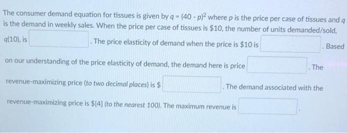  The consumer demand equation for tissues is given by q -