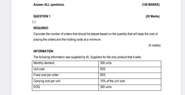  Answer ALL questions. (100 MARKS) QUESTION 1 (20 Marks) 1.1 REQUIRED