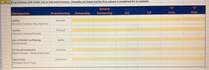  1. Fill in the grid below with simple one or two