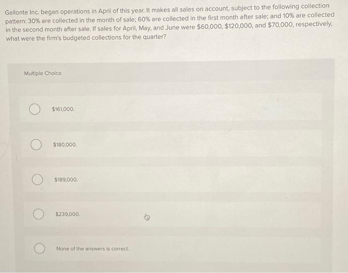 Please solve, if right, I will like Gallonte inc. began operations in