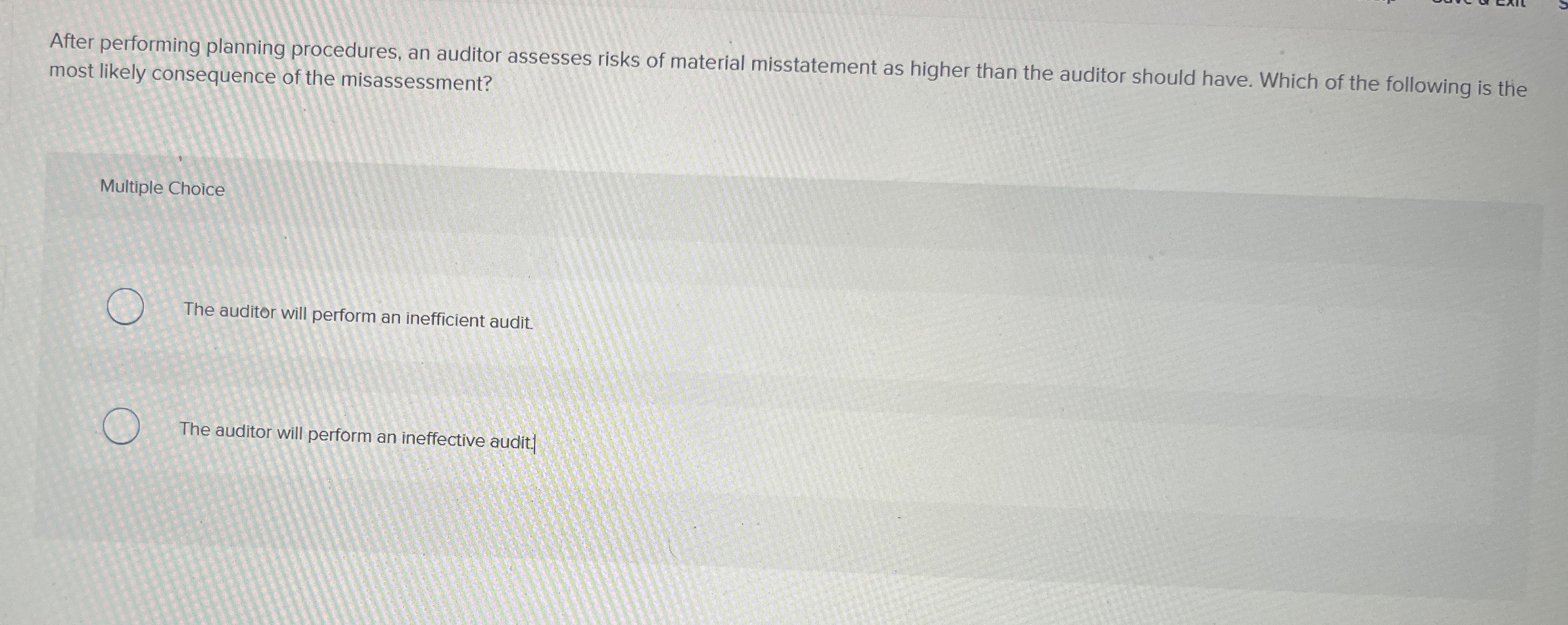  After performing planning procedures, an auditor assesses risks of material misstatement