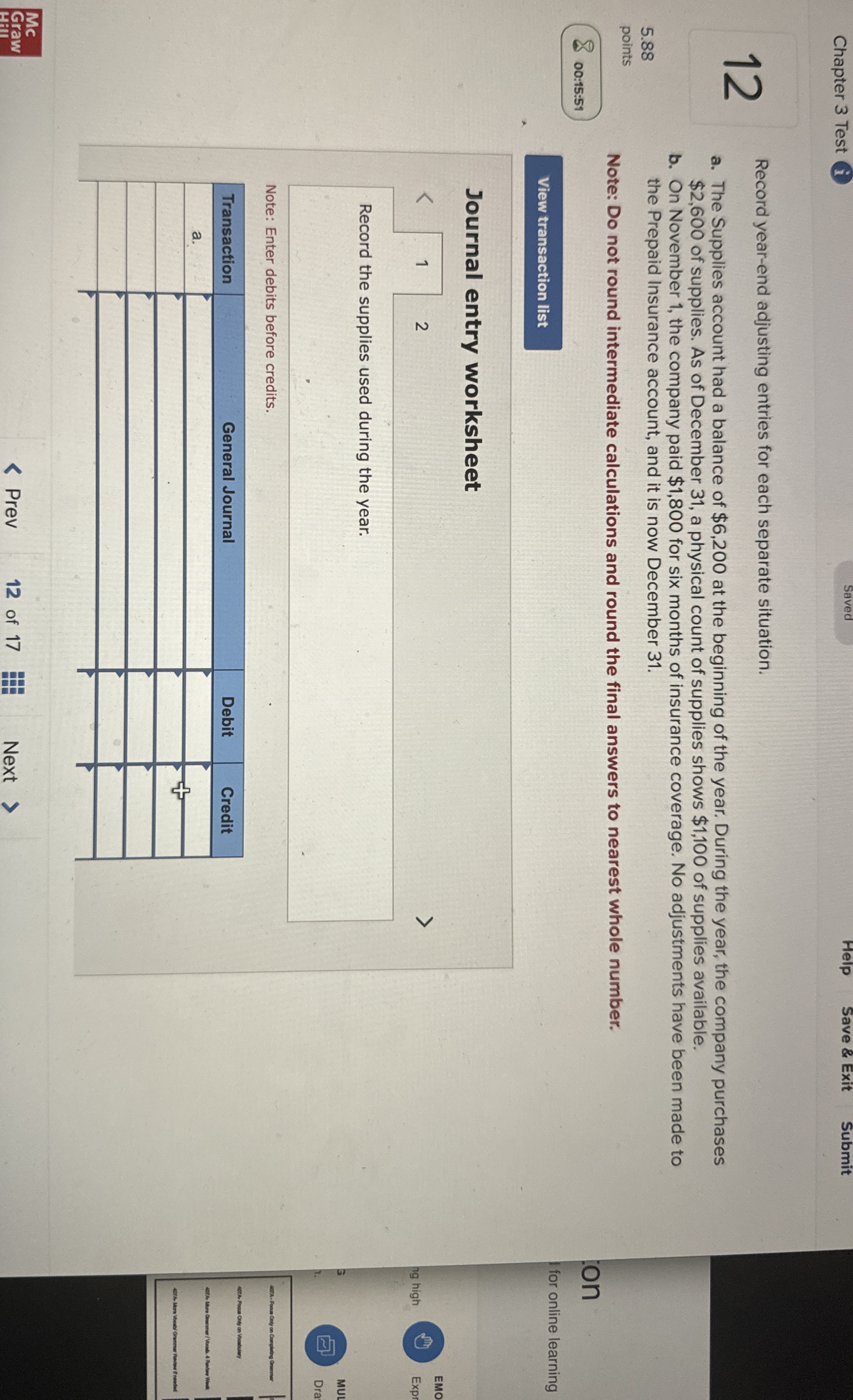  Chapter 3 Test 1 Saved Help Save & Exit Submit 12