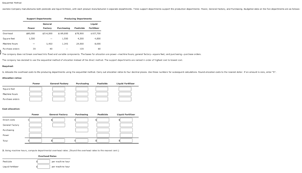 please help with cost accounting Sequential Method Jasmine Company manufactures both pesticide