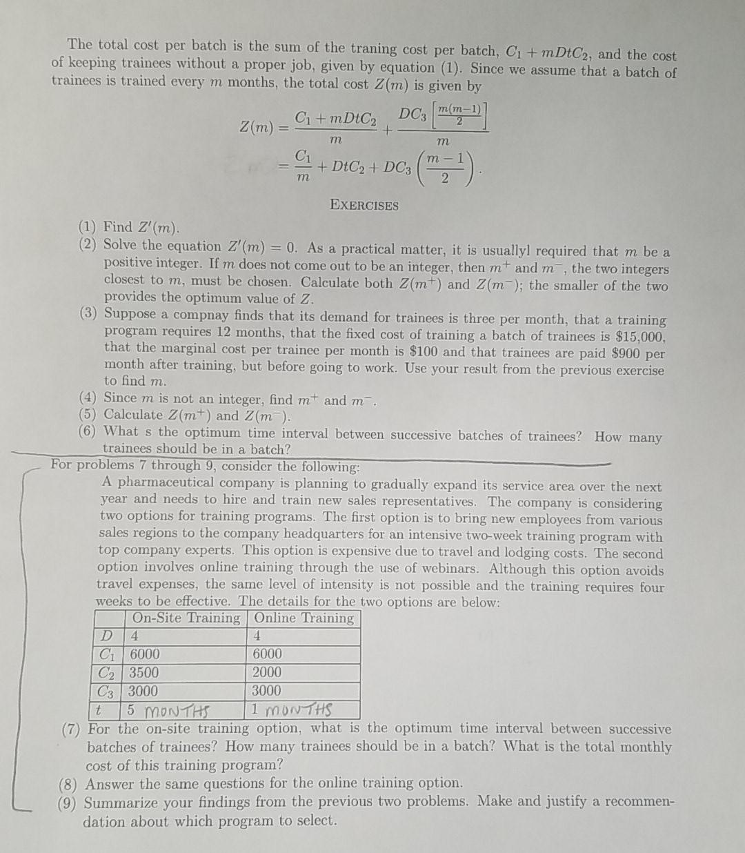 TOTAL COST MODEL FOR A TRAINING PROGRAM In this application, we set