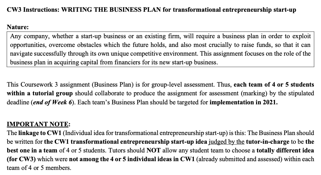 Question: CW1 for reference CW3 Instructions: WRITING THE BUSINESS PLAN for