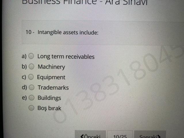 Ad Sinavi 10 - Intangible assets include: a) Long term receivables