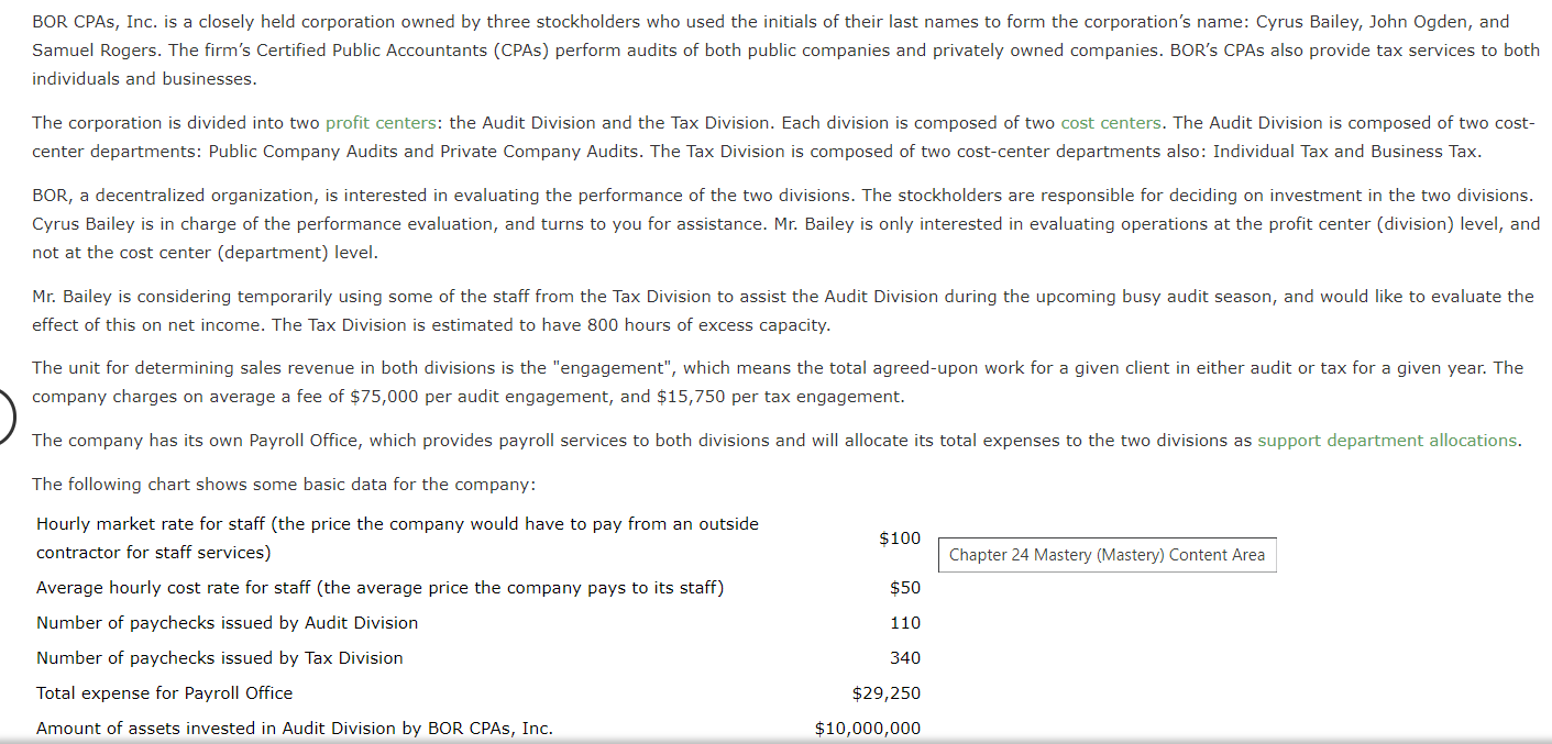Please answer the charts BOR CPAs, Inc. is a closely held corporation