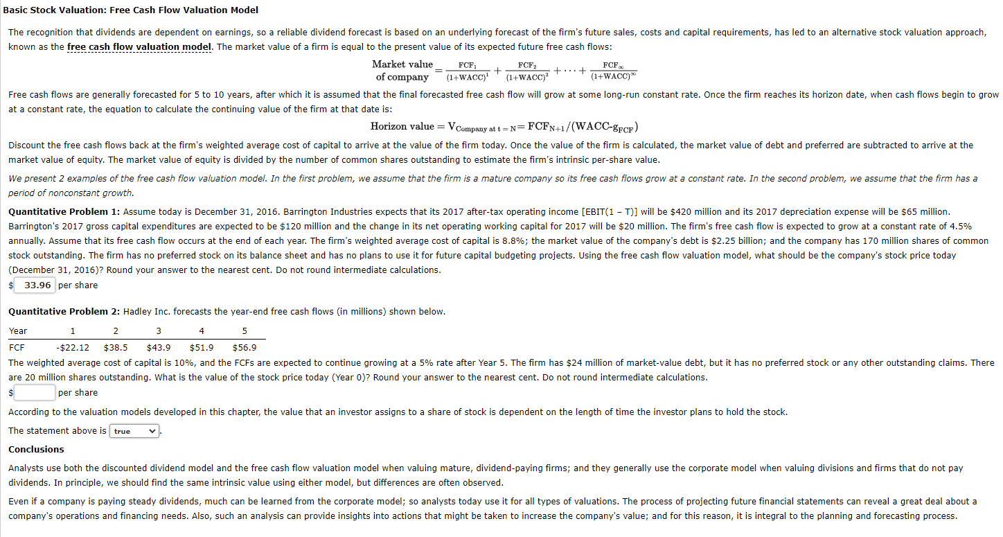 Basic Stock Valuation: Free Cash Flow Valuation Model + The recognition