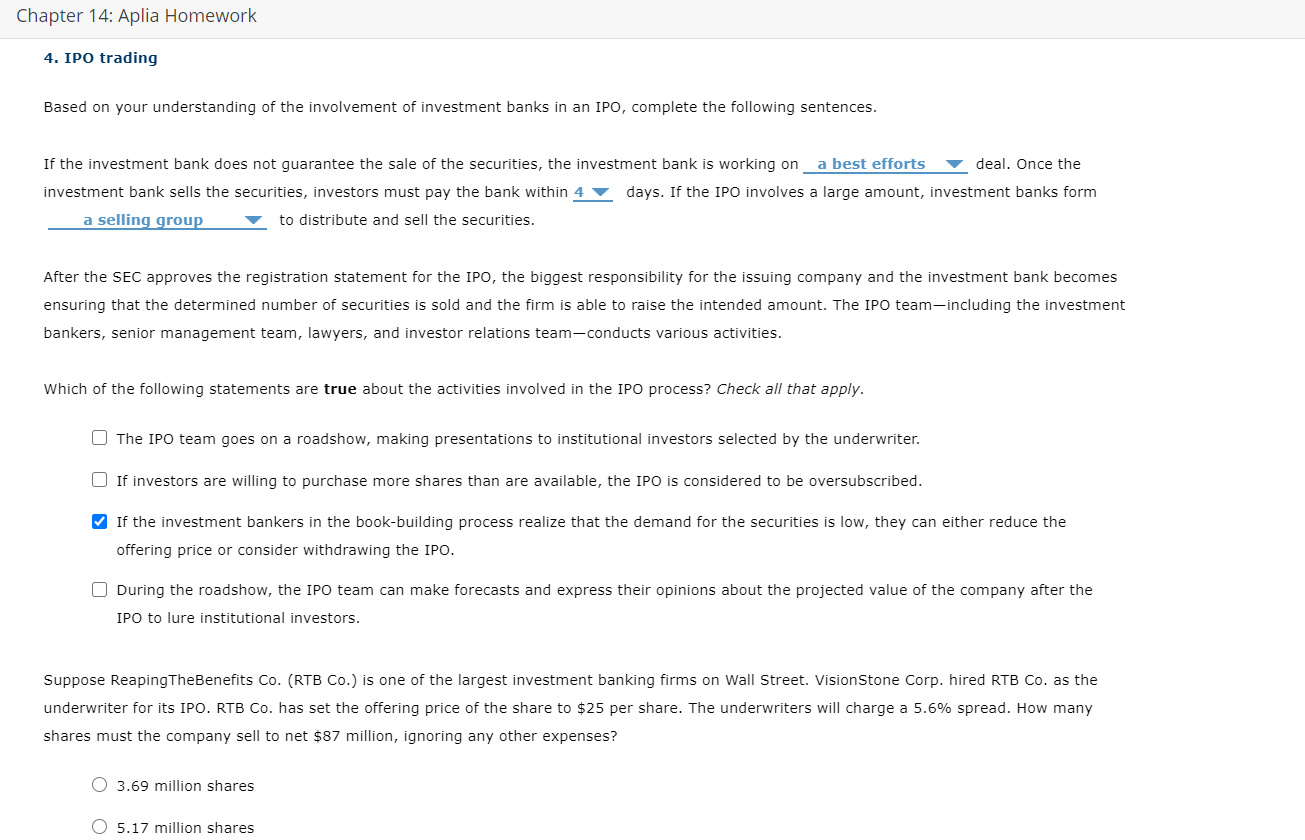  Chapter 14: Aplia Homework 4. IPO trading Based on your understanding