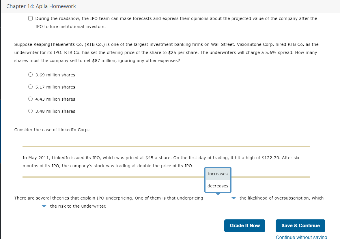 of the involvement of investment banks in an IPO, complete the following