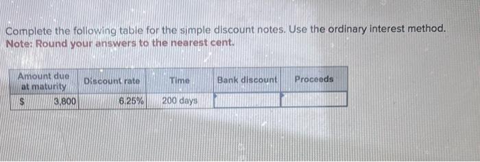  Complete the following table for the simple discount notes. Use the