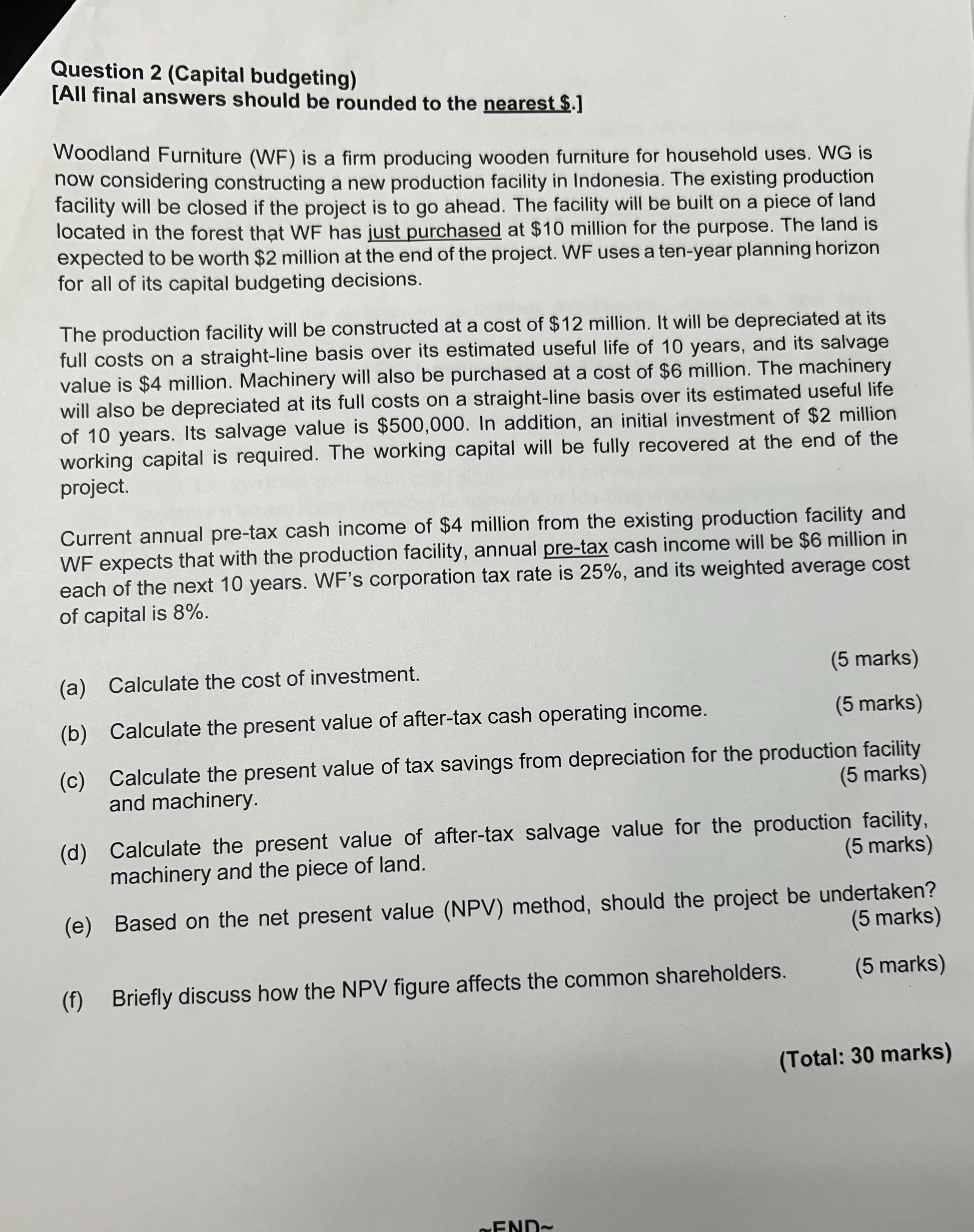  Question 2(Capital budgeting) [All final answers should be rounded to the