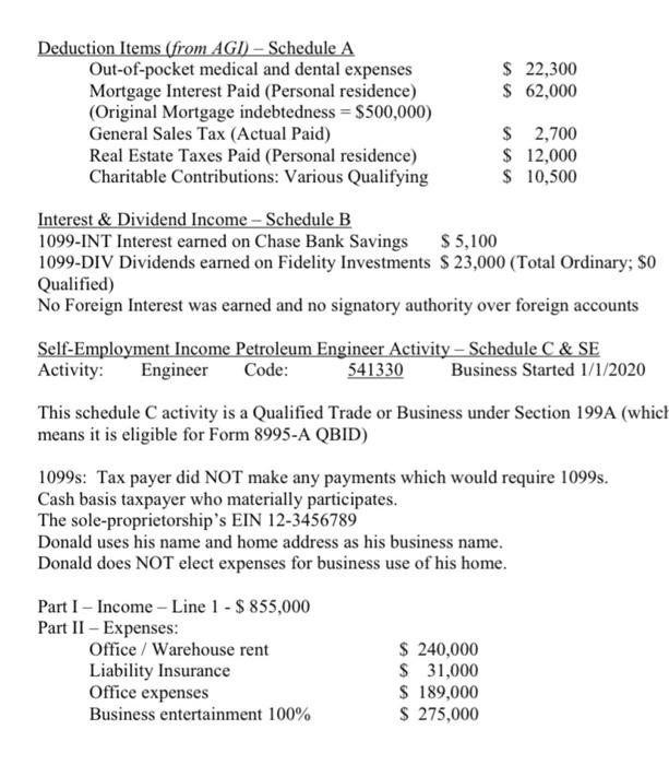 A,B,C. Form 8959, Form 4562, 8995-A, with the information given. Form 4562