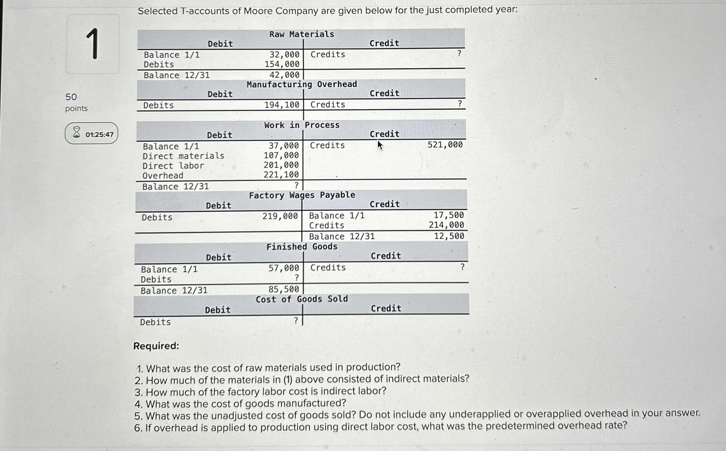  1 50 points 01:25:47 Selected T-accounts of Moore Company are given
