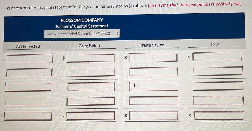 above. (List items that increase partners capital first.) BLOSSOM COMPANY Partners' Capital