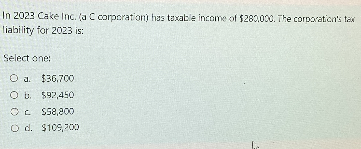  In 2023 Cake Inc. (a C corporation) has taxable income of