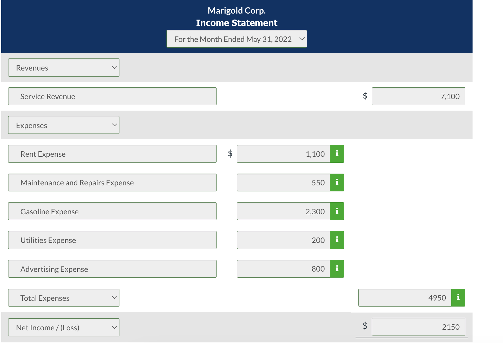 OUT Dropdown choices for the large boxes (small boxes are either add/less)